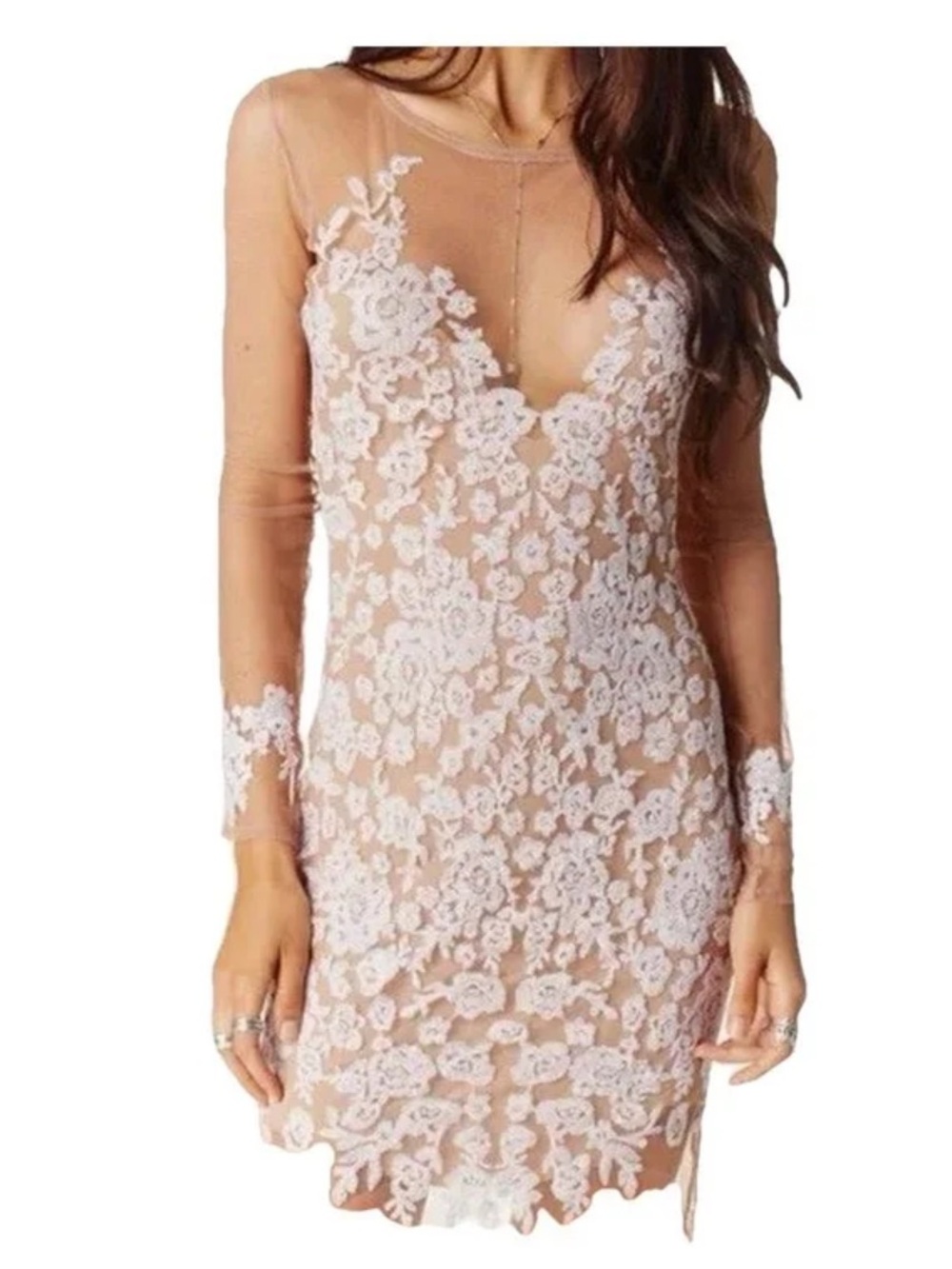 For Love & Lemons Nude Sheer Lace Appliqué Long Sleeve Dress - Picture 2 of 5
